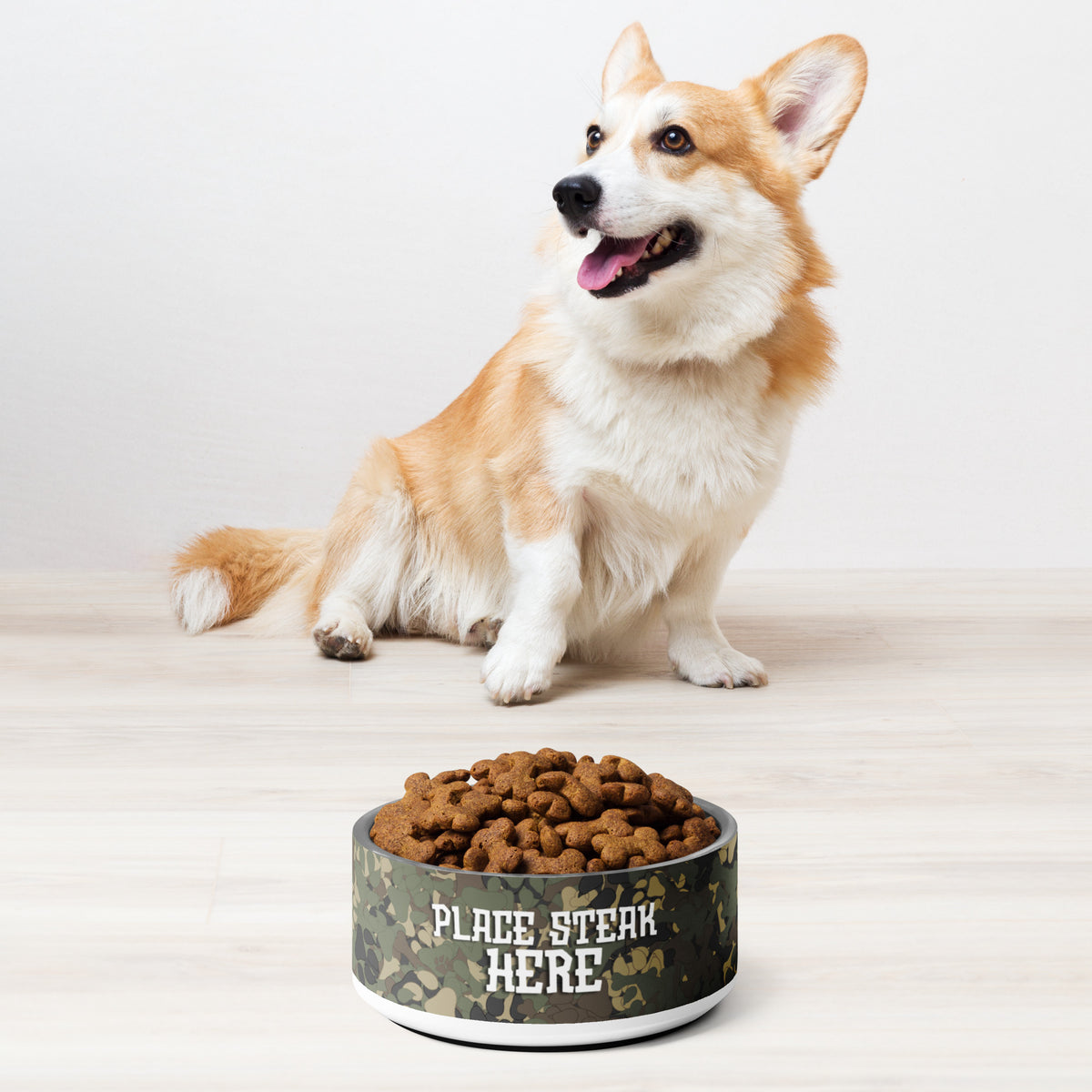Place Steak Here:Fun Camo Dog Bowl